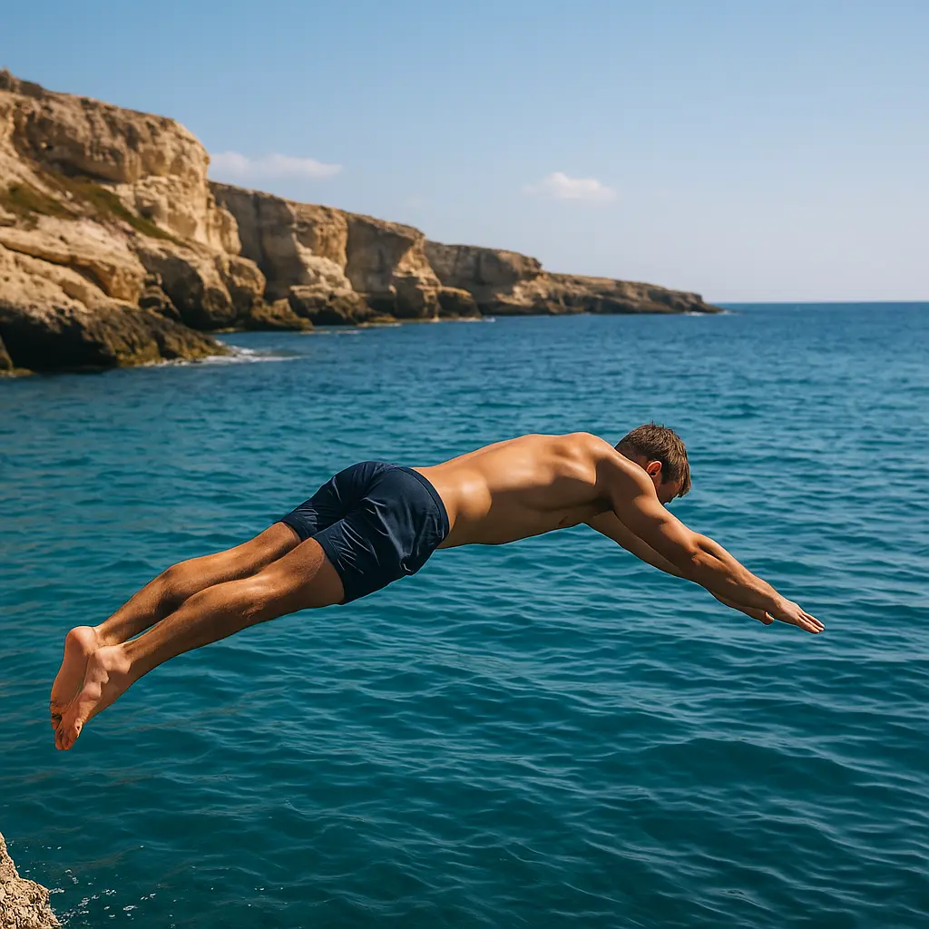Deutscher Mann taucht ins Meer in Paphos